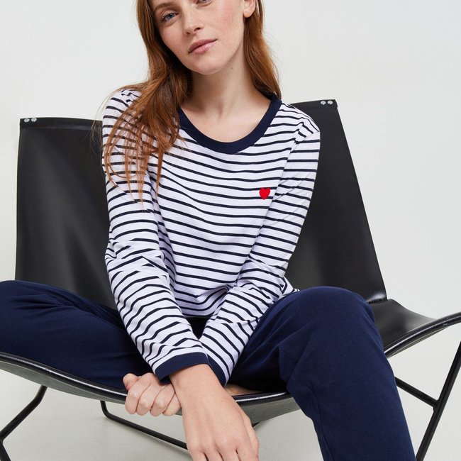 Pyjama haut marinière et pantalon uni en coton BIO, certifié GOTS marine <span itemprop=