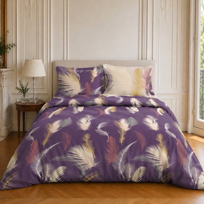 Parure de lit en coton motif tropical, WINTER aubergine <span itemprop=