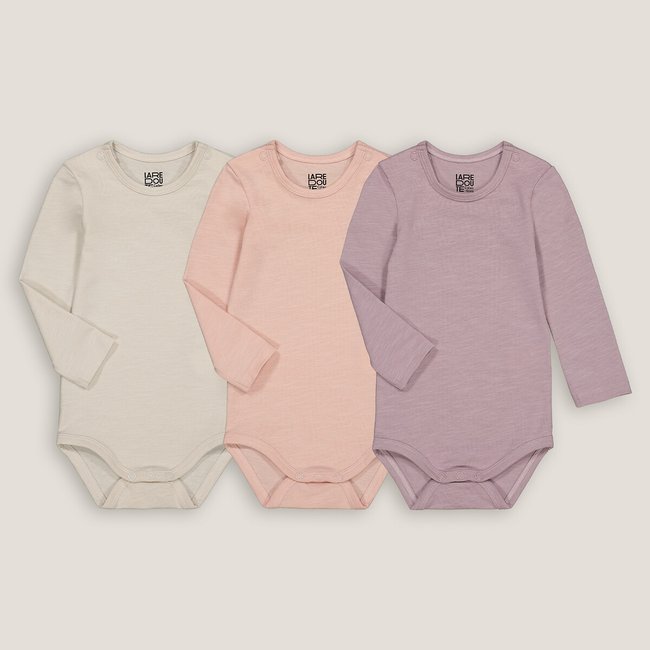 Pack of 3 Bodysuits in Cotton with Long Sleeves, beige/pink, LA REDOUTE COLLECTIONS