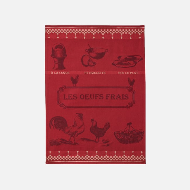 Torchon jacquard en coton OEUFS FRAIS rouge <span itemprop=