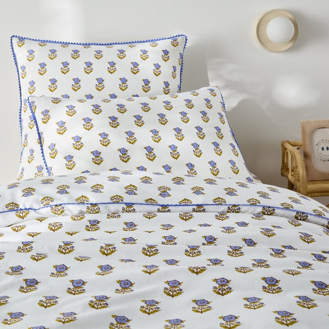 Housse de couette enfant, en coton lavé, imprimé fleurs, DIMANI imprimé fond écru <span itemprop=
