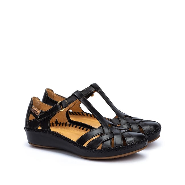 Sandales semi-compensées en cuir Vallarta noir <span itemprop=