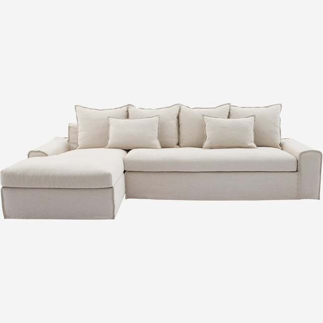 Canapé d'angle gauche déhoussable en coton et lin garni de plumes GINOSA Couleur beige <span itemprop=