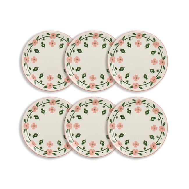 Lot de 6 assiettes à dessert 19cm en porcelaine, PRIMAVERA Couleur blanc-rose <span itemprop=