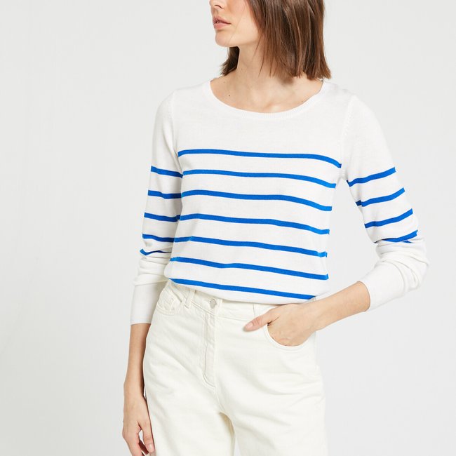 Langärmeliger Pullover im Matrosenstil, Logo hinten blau gestreift <span itemprop=