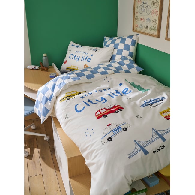 Parure housse de couette + taie d'oreiller avec coton recyclé VARSITY carreaux bleu <span itemprop=