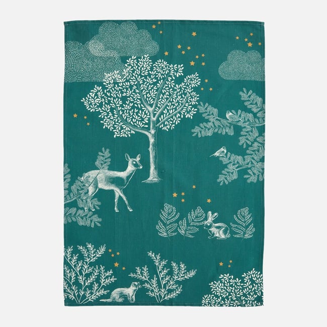 Torchon imprimé coton et lin FORÊT ENCHANTÉE vert <span itemprop=