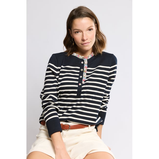 Marinière col fleuri - coton rustique rich navy/nature imp.po <span itemprop=