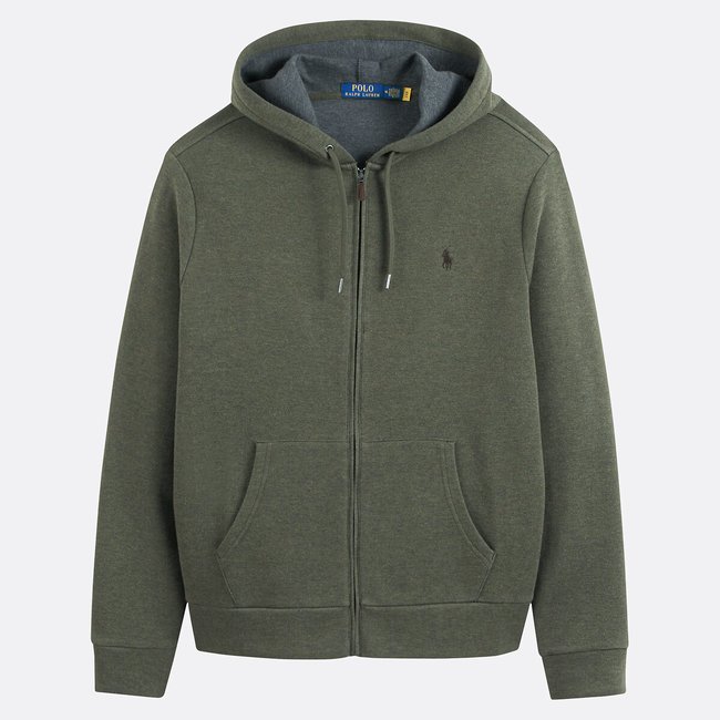 Felpa con cappuccio e zip in piqué verde chiné POLO RALPH LAUREN