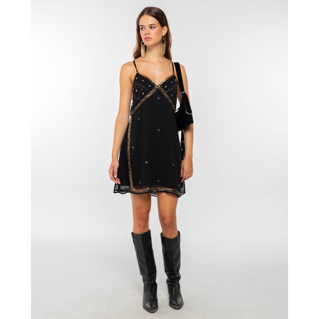 Robe courte noire à bretelles, brodée de sequins dorés et argentés noir <span itemprop=