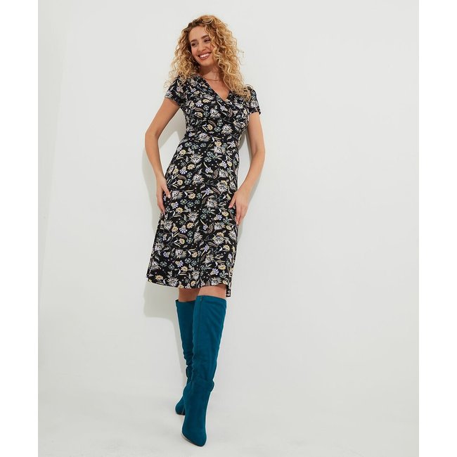 Jersey Wrapover Mini Dress in Floral Print, print/black background, JOE BROWNS