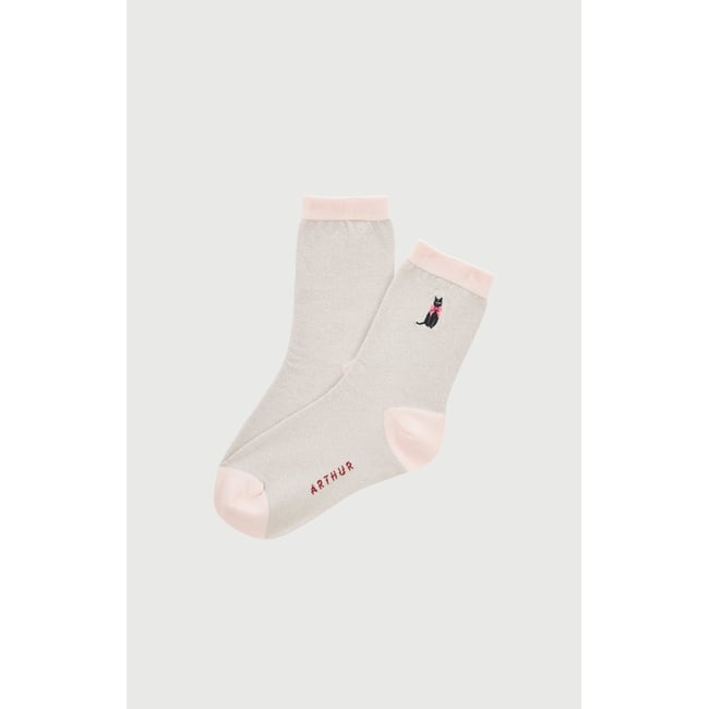 Chaussettes brodées en coton et fil textile imprimé Kitty rose <span itemprop=