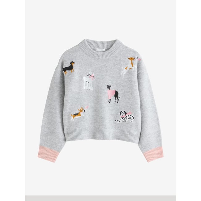 Pull en tricot broderie chien gris <span itemprop=