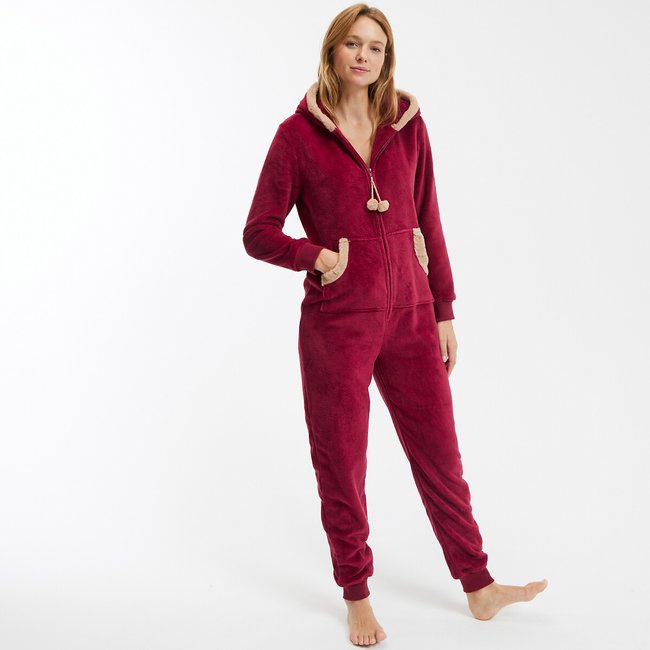 Jumpsuit aus Fleece bordeauxrot/beige <span itemprop=