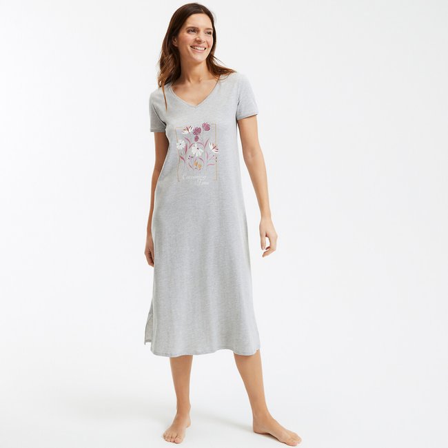 Chemise de nuit jersey de coton, manches courtes imprimé fond gris chiné <span itemprop=