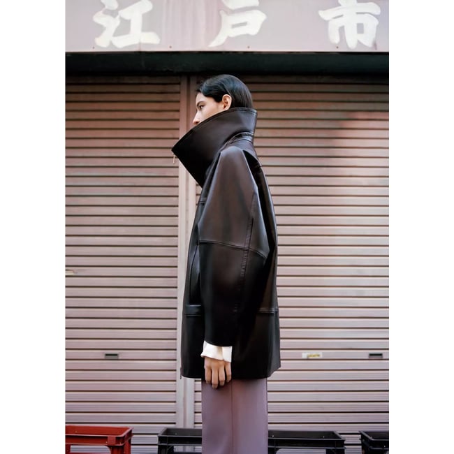 Manteau cuir oversize col cheminée bordeaux <span itemprop=