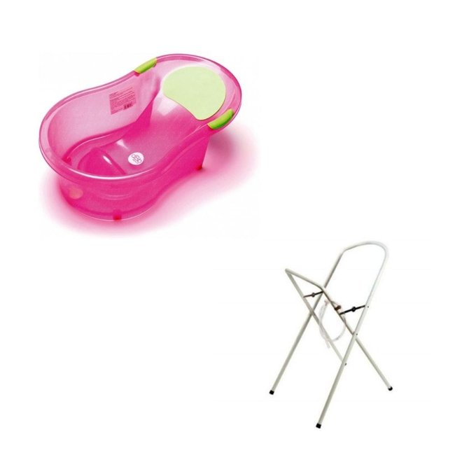 Baignoire 0-6 mois rose pailletée translucide avec transat intégré + support à pied rose <span itemprop=