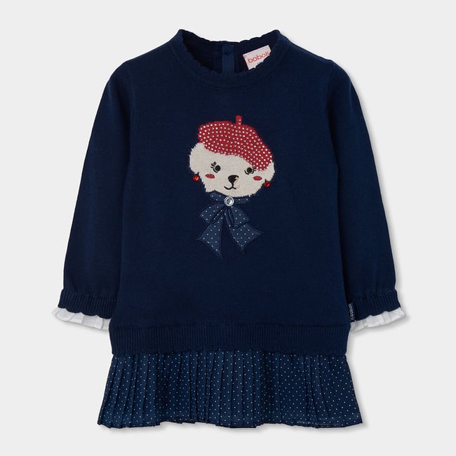 Robe fille brodée d'ourson avec béret bleu <span itemprop=