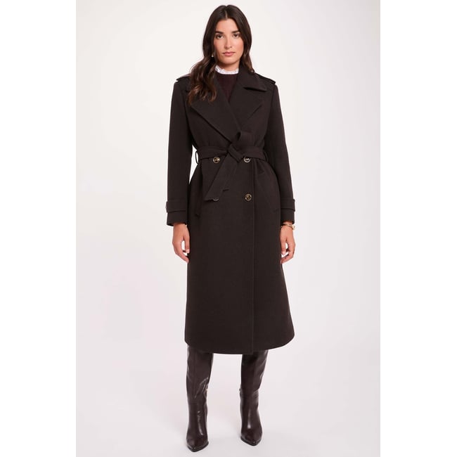 Manteau long ceinturé café <span itemprop=