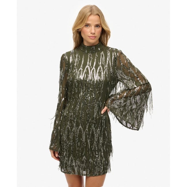 Robe courte à franges et sequins vert olive poudré <span itemprop=
