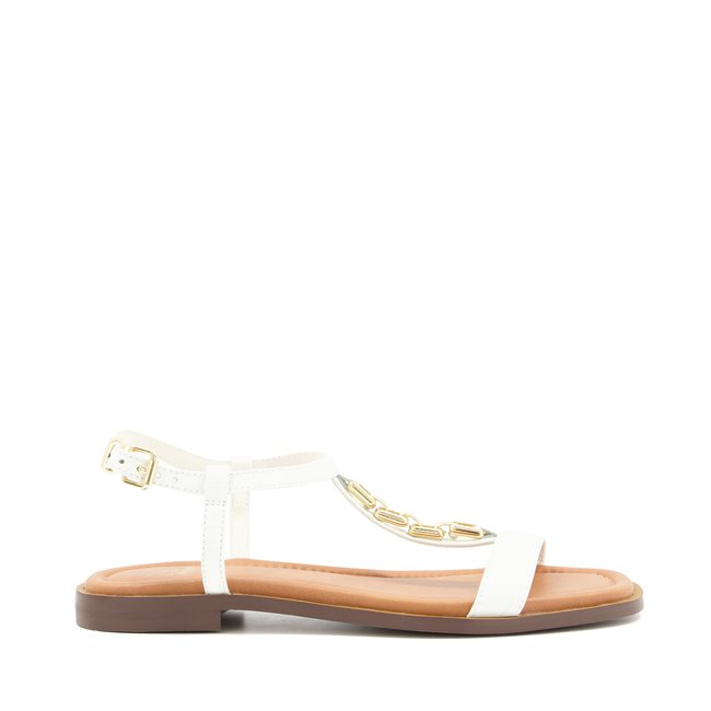 Sandales plates à effet croco et chaîne - LOTTY blanc cuir <span itemprop=