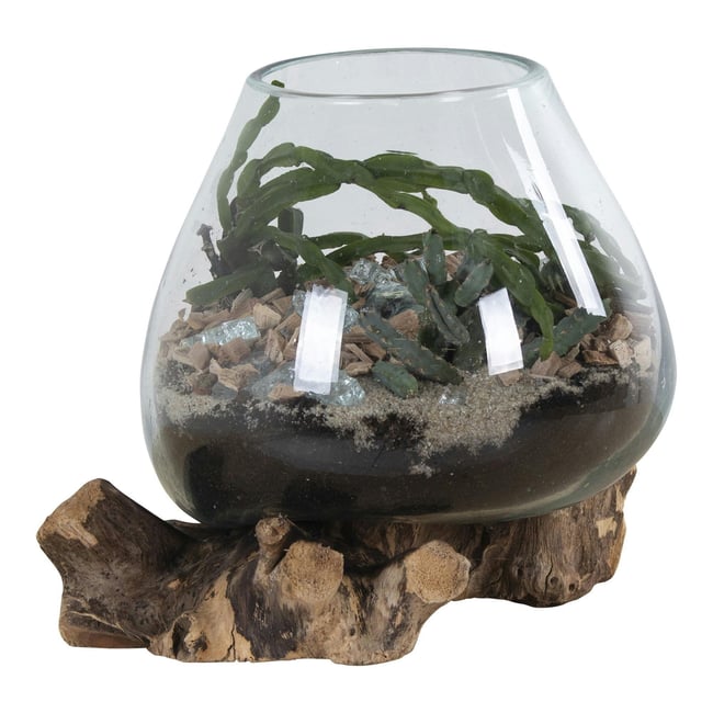 Vase verre soufflé et racine teck, artisanal H 20 cm ARIZONA Couleur bois naturel <span itemprop=