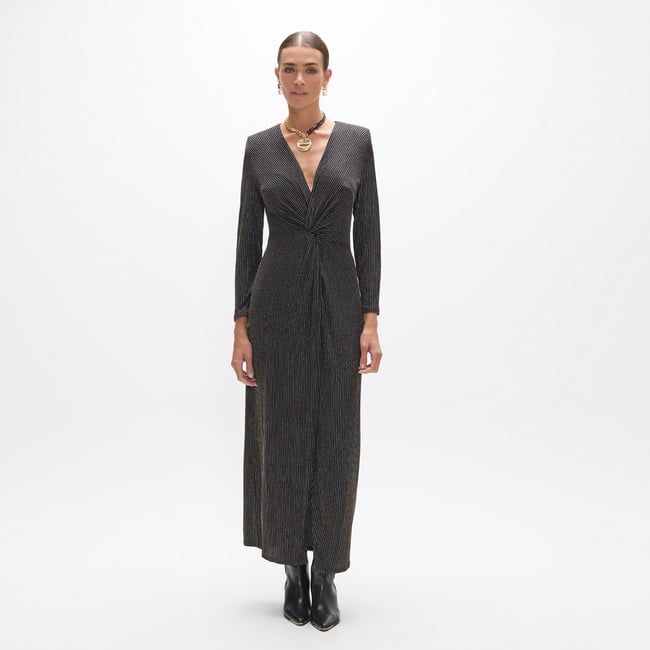 Robe longue col en V nÅ“ud central à  fente latérales noir <span itemprop=