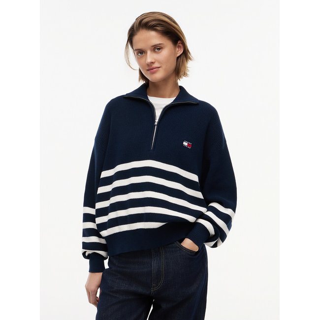 Pull à rayures col zippé marine/écru <span itemprop=