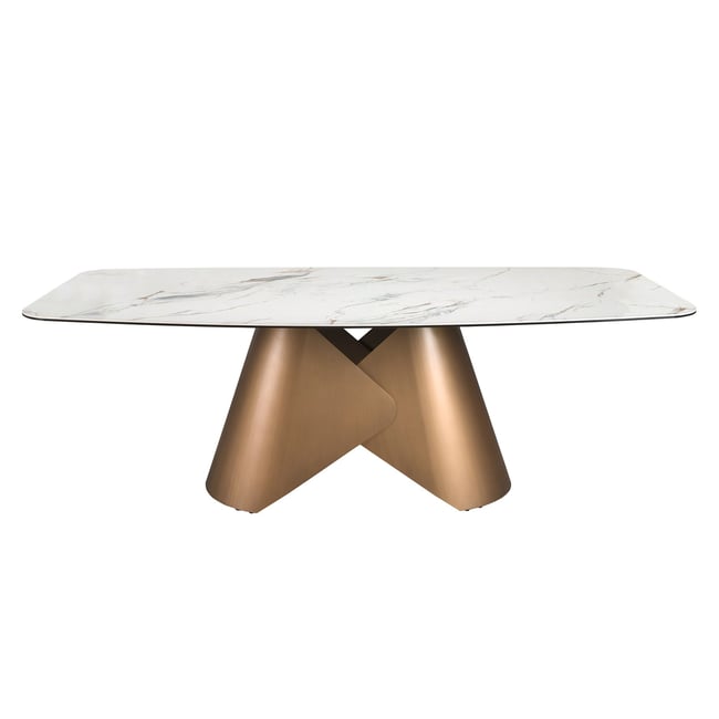 Table de salle à manger ovale en marbre de porcelaine et tonneau en acier couleur bronze Couleur blanc | bronze <span itemprop=