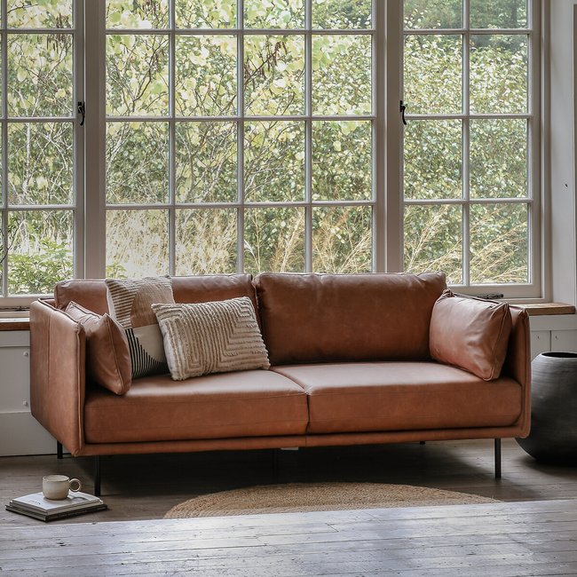 Ashar Mid-Century Vintage Leather Sofa with Black Metal Legs, tan, SO'HOME