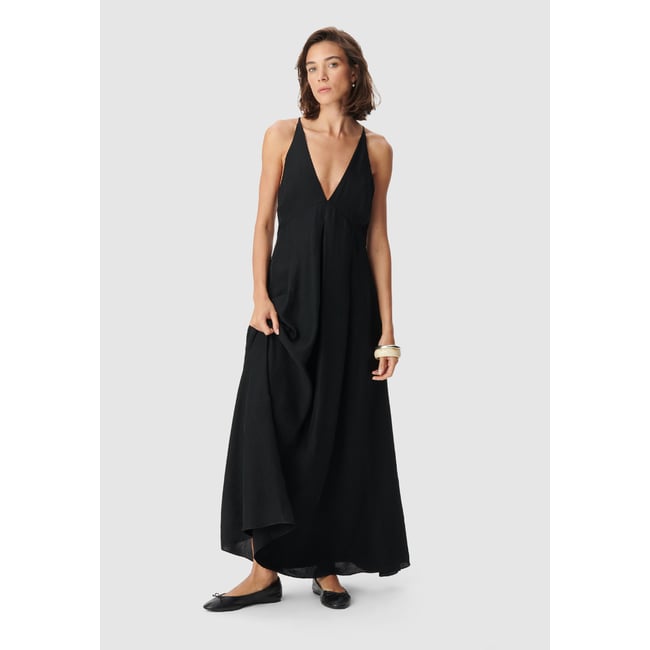 Robe longue fines bretelles noir <span itemprop=