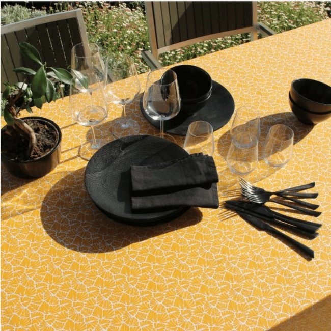 Nappe rectangulaire plastifiée 100% coton jaune <span itemprop=
