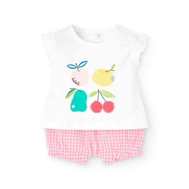 Ensemble t-shirt avec dessin frontal et short vichy blanc <span itemprop=