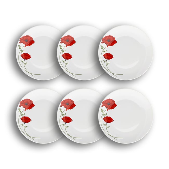 Lot de 6 assiettes plates en porcelaine 27cm, COQUELICOT Couleur blanc-rouge <span itemprop=