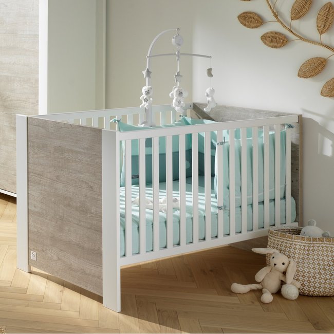 Lit bébé évolutif à barreaux gris/blanc <span itemprop=