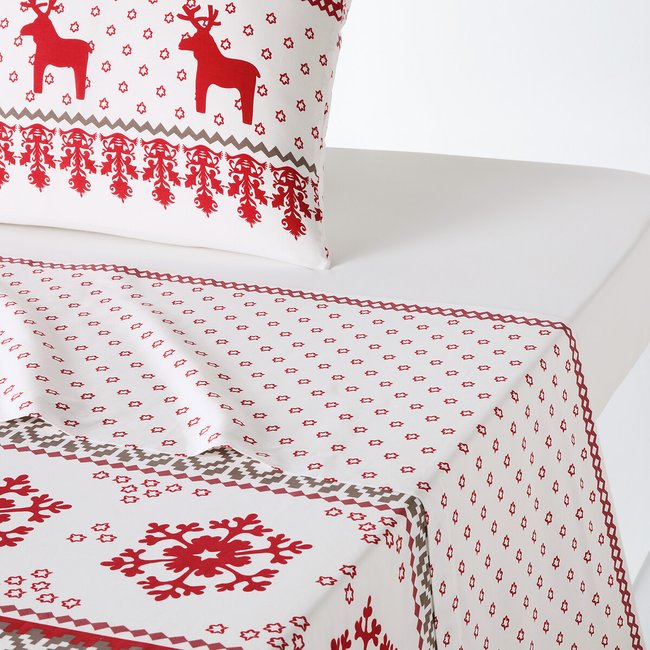Ovelis Winter Print 100% Cotton Flat Sheet, red/grey, SO'HOME
