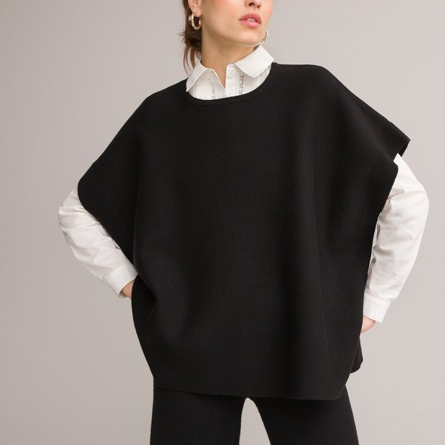 Milano Knit Poncho with Crew Neck black ANNE WEYBURN