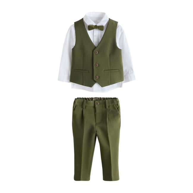 Ensemble gilet, chemise, pantalon et papillon vert olive <span itemprop=