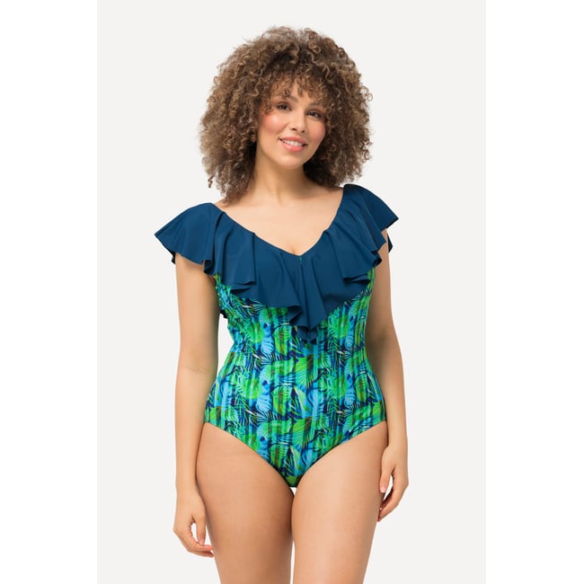 Maillot de bain à bonnets souples. Motif pétrole foncé <span itemprop=