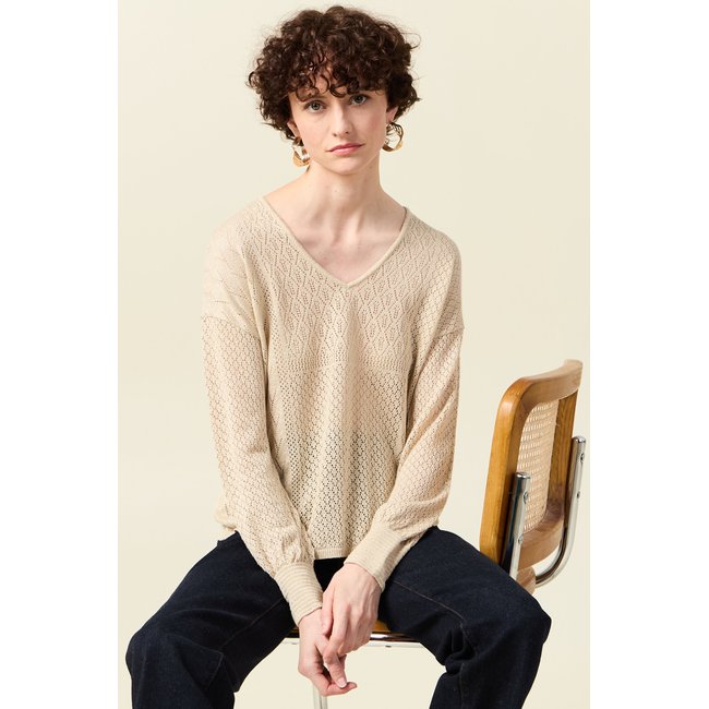 Pull manches longues ajouré creme <span itemprop=
