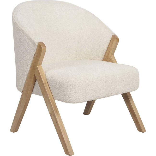 Fauteuil cocooning  effet bouclette structure bois Couleur blanc bouclette et bois naturel <span itemprop=