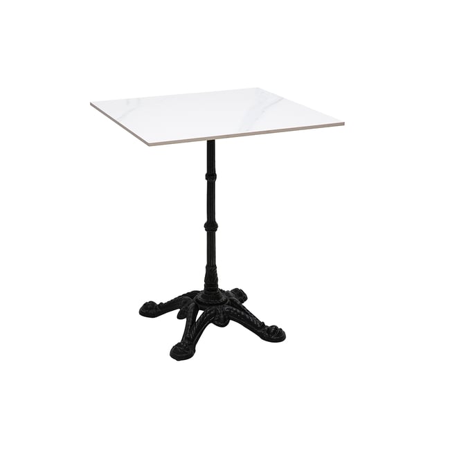 Table bistrot carrée en pierre minérale et métal noir L60 cm CONTY blanc et noir <span itemprop=