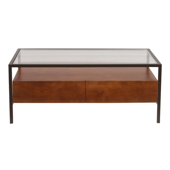 Table basse rectangulaire avec rangements en bois foncé manguier massif, verre et métal noir L100 cm SITA - MILIBOO