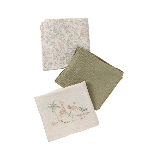 Lot de 3 langes en gaze de coton BABYLON beige imprimé <span itemprop=