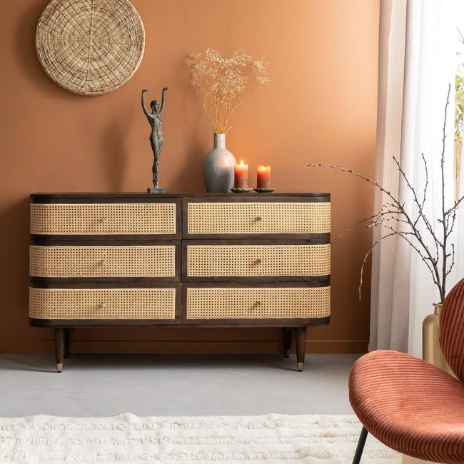 Commode 6 tiroirs en bois de manguier et cannage  SOREN Couleur bois foncé <span itemprop=