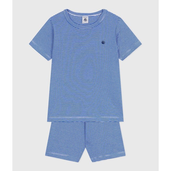 Pigiama corto a righe in cotone blu tinta unita PETIT BATEAU
