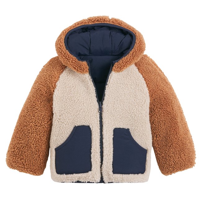 Doudoune chaude à capuche réversible bleu marine/camel <span itemprop=
