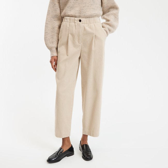 Pantalon carotte taille haute, en velours côtelé ivoire <span itemprop=