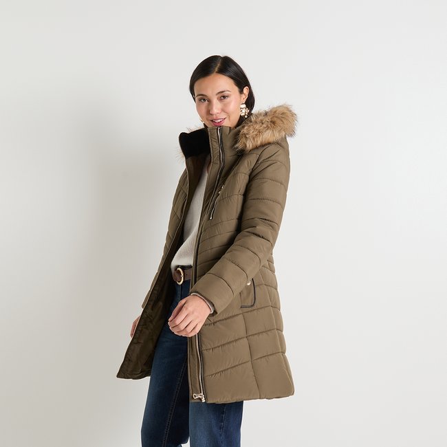 Doudoune mi-longue vert kaki <span itemprop=