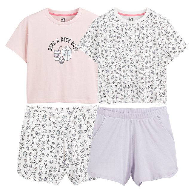 Lot de 2 pyjashorts imprimés Breakfast Kawaï rose + écru <span itemprop=